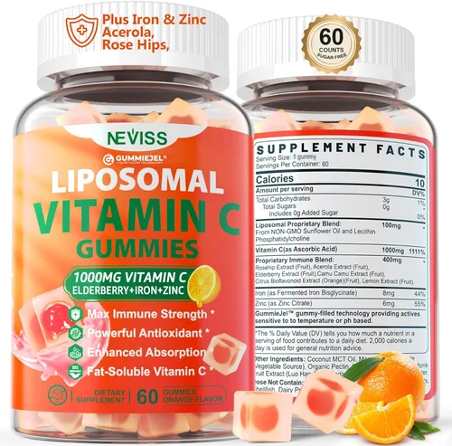Gomitas liposomales de vitamina C de 1000 mg para adultos – Vitamina C masticable 1500 mg con 8 mg de hierro, zinc y saúco – Apoyo inmunológico,