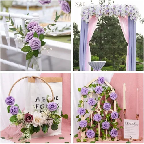 Miniatura 429 de N&T NIETING Flores artificiales, rosas artificiales de color rosa intenso, 50 piezas de flores falsas con tallo para ramos de boda DIY, centros
