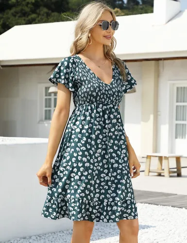 Miniatura 4 de Coolmee Vestido de maternidad de manga corta con volantes y cuello en V para mujer, vestido de verano casual fruncido fluido para baby shower