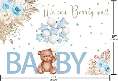 Miniatura 5 de AIBIIN Telón de fondo para baby shower de oso de 7 x 5 pies para niño, We Can Bearly Wait to Meet You, azul, bohemio, floral, globo de pampas