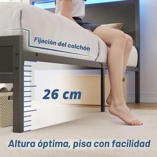 Miniatura 7 de Fluest Base de cama individual con cabecero y estribo, marco de cama individual con estación de carga y luz LED, almacenamiento debajo de la cama
