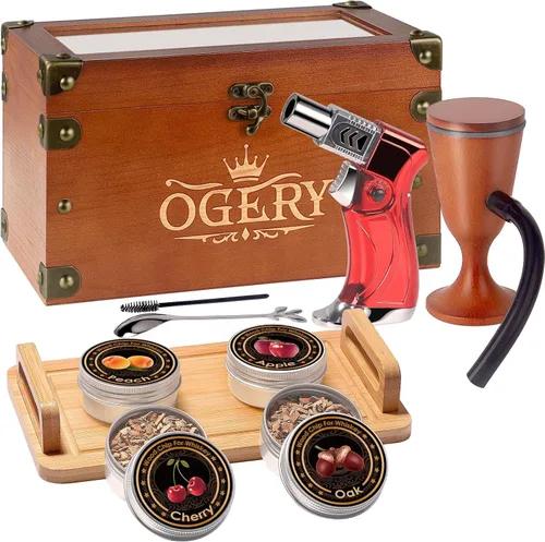 OGERY Kit de ahumador de cóctel, kit de ahumador de whisky con pistola de ahumar, caja de ahumador de bourbon a la antigua y chips de madera de 4