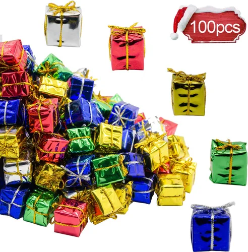 100 piezas de mini cajas de adornos brillantes de Navidad, varios colores metálicos envueltos en papel de aluminio para decoración colgante de árbol