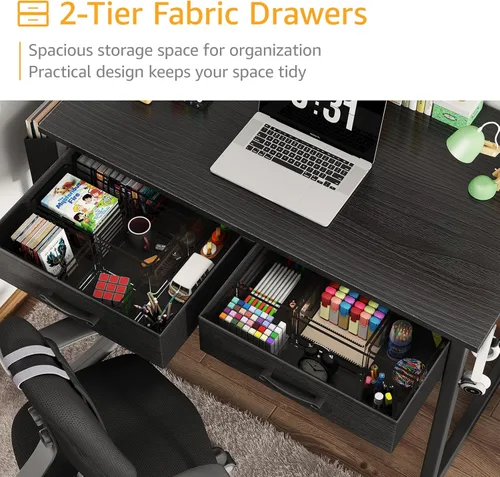 Miniatura 6 de DLisiting - Escritorio pequeño con cajones de tela para dormitorio, escritorio de 32 pulgadas para juegos con 2 cajones para espacios pequeños, mesa
