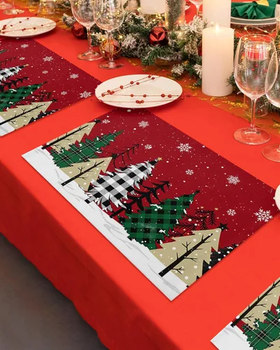 Miniatura 4 de Juego de 4 manteles individuales de árbol de Navidad, mantel rojo para decoración de mesa de comedor, manteles lavables de lino de algodón a cuadros