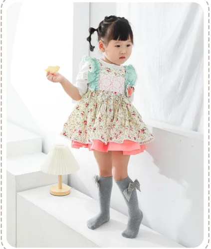 Miniatura 6 de Calcetines altos hasta la rodilla para bebés niñas, con lazo de punto y moño, calcetines de tubo con volantes para 0-7 años