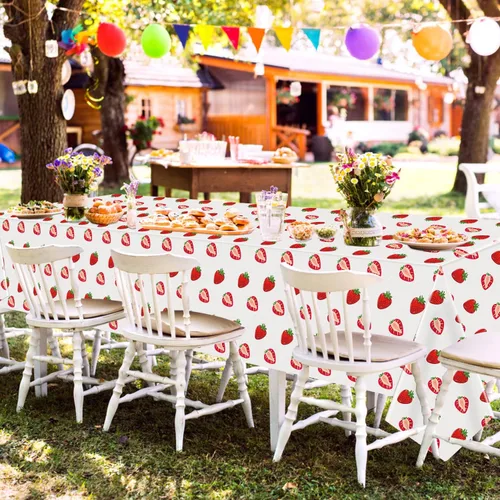 Miniatura 6 de Paquete de 4 manteles de fiesta de fresa, mantel de fresa para primer cumpleaños, mantel de plástico con diseño de fresas, suministros de fiesta