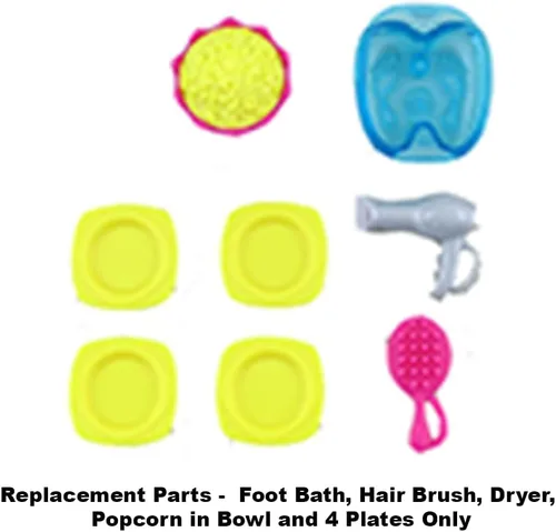 Miniatura 3 de Mattel Baño de pies de repuesto tamaño Barbie, cepillo y secador de pelo, palomitas de maíz en tazón y 4 platos para juego de casa de muñecas Barbie