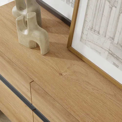 Miniatura 8 de WAMPAT Moderno soporte de TV para televisores de hasta 100 pulgadas, centro de entretenimiento de madera 3 en 1 con estantes ajustables y Roble