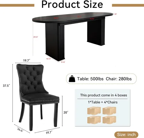 Miniatura 6 de Juego de 4 mesas de comedor extensibles, mesa de comedor ovalada negra y 4 sillas de comedor de terciopelo negro con patas de madera, juego de mesa