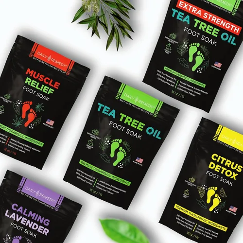 Miniatura 8 de DAILY REMEDY Sales de remojo para pies, paquete variado de 4 unidades, aceite de árbol de té, alivio muscular, lavanda calmante y remojo