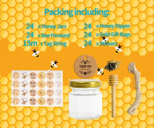 Miniatura 2 de Paquete de 24 mini tarros hexagonales de vidrio de 1.5 onzas con tapa dorada, dije de abeja de abeja, palitos de miel, cuerda de etiqueta de yute