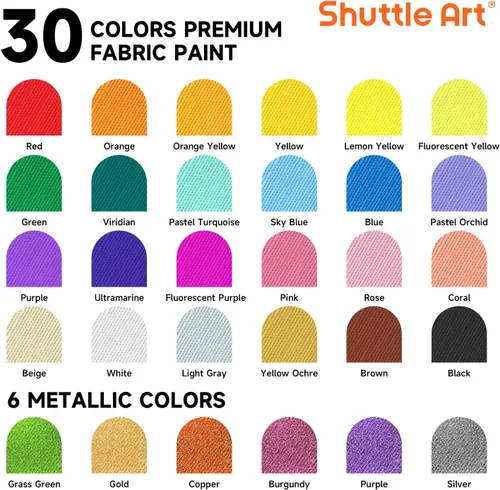 Miniatura 2 de Pintura para tela, Shuttle Art 30 colores permanentes de pintura suave para tela en botellas (60 ml/2 oz) con pinceles, paleta, plantillas, pintura