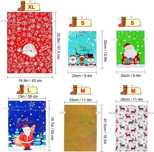 Miniatura 2 de YQL 30 PCS Bolsas de Regalo de Navidad con Cordón de Tamaños Variados, Bolsas de Envolver Navideñas Sacos de Regalo Regalos de Navidad Envoltura