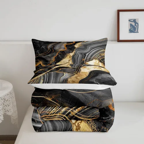 Miniatura 5 de Juego de edredón de mármol negro individual, ropa de cama dorada agrietada para adultos, hombres y mujeres, juegos de edredón de textura metálica