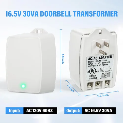 Miniatura 2 de 1 paquete de transformador de timbre de 16.5 V 30 VA enchufable compatible con Ring, Nest, Ecobee, transformador de timbre de 16.5 voltios