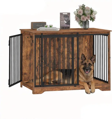 Miniatura 16 de Hzuaneri Mueble de jaula para perros de 31.9 pulgadas con puerta de granero, perrera resistente para interiores con 2 puertas, mesa auxiliar