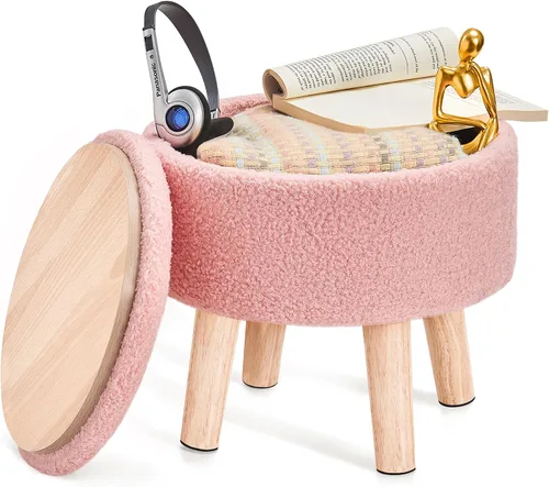 Miniatura 11 de Poofzy Otomana pequeña con almacenamiento, taburete pequeño otomano con patas de madera, reposapiés Sherpa para sofá, sala de estar y dormitorio