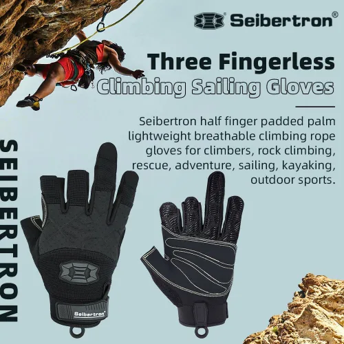 Miniatura 3 de Seibertron Guantes de palma acolchada con dedos completos o semi-dedos, ligeros y transpirables para escaladores, escalada en roca, rescate, Tres