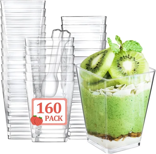 Miniatura 10 de Eupako Paquete de 100 vasos cuadrados de plástico transparente de 5 onzas con cucharas, vasos pequeños de plástico transparente ideal para postres