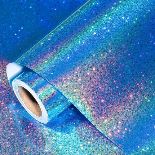 LeZakaa Papel de regalo holográfico azul de 30 pulgadas x 32.8 pies, estrellas iridiscentes metálicas para cumpleaños, San Valentín, Día de la
