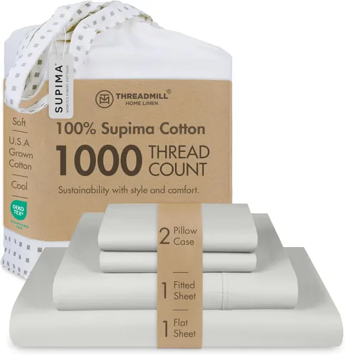 Miniatura 12 de Threadmill Sábanas 100% de algodón Supima americano, tamaño King, 1000 hilos, juego de sábanas de 4 piezas, sábana de satén suave, sábana de cama