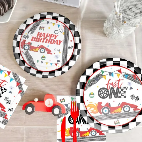 Miniatura 7 de Xigejob Suministros para fiesta de primer cumpleaños de coche de carreras, decoración rápida de un cumpleaños, vajilla, plato de papel, servilleta