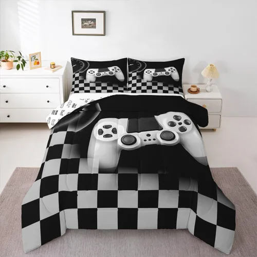Miniatura 37 de Juego de edredón de videojuegos para niños, niñas y hombres, juego de ropa de cama con estampado de consola de videojuegos negro, decoración