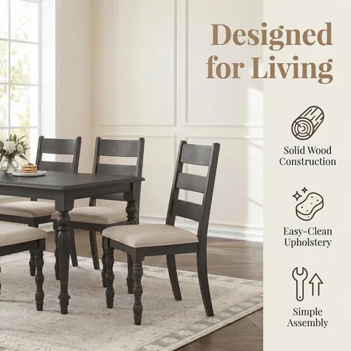 Miniatura 3 de Kmax Juego de 2 sillas de comedor de granja, silla de cocina rústica tapizada con respaldo de escalera, silla de madera marrón oscuro con patas
