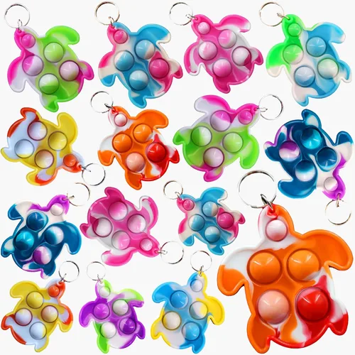 Paquete de 100 llaveros para ansiedad con diseño de tortuga, mini juguetes de silicona para reventar burbujas, de teñido anudado, para aliviar el