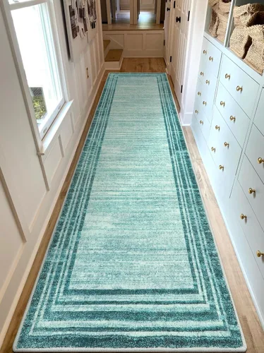 Miniatura 65 de Alfombra de pasillo moderna abstracta Lahome, alfombra lavable turquesa de 2 x 6 pulgadas para entrada, alfombra antideslizante de bajo pelo