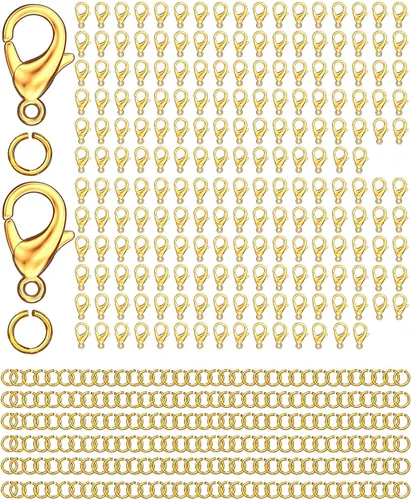 OHINGLT Juego de 700 cierres de pinza de langosta y anillos abiertos, chapado en oro, cierre de collar y pulsera para hacer joyas