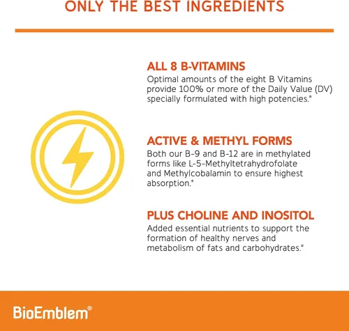 Miniatura 4 de BioEmblem Complejo de vitamina B - Las 8 formas activas con metil folato, metil B12, B6, biotina más colina inositol, apoya la energía