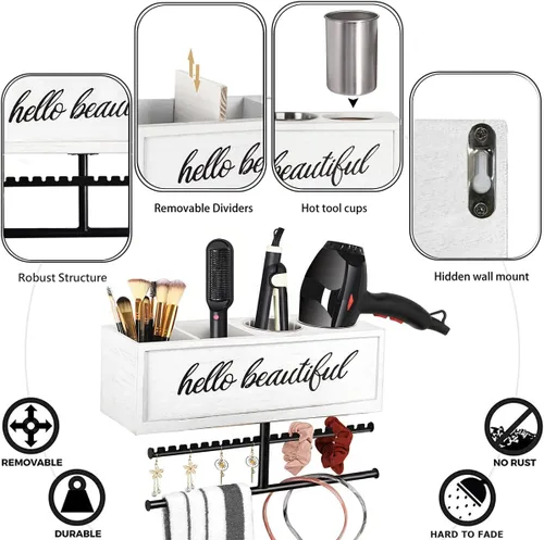 Miniatura 4 de Soporte rústico para secador de pelo montado en la pared, organizador de herramientas y accesorios para el peinado del cabello, organizador