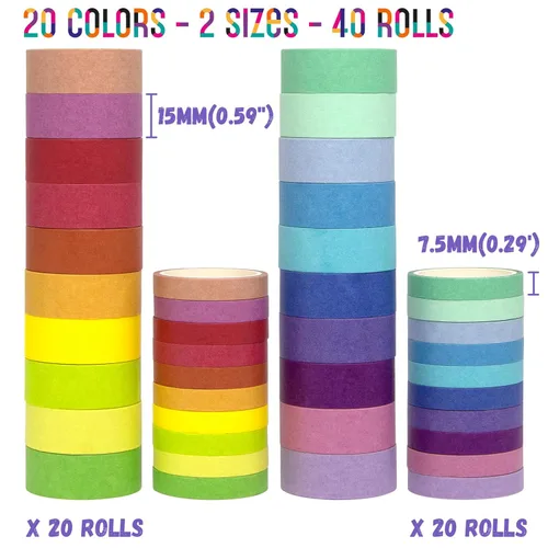 Miniatura 2 de WAPETASHI - Juego de cinta Washi de 40 rollos, 2 tamaños de cinta decorativa arco iris para álbumes de recortes y diarios