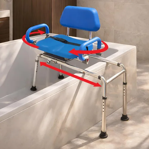 Banco de transferencia deslizable con asiento giratorio. Silla premium para tina y ducha, acolchada con apoyabrazos giratorios Diseño ahorrador de