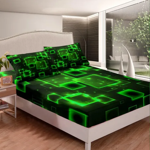Miniatura 3 de Feelyou Juego de sábanas geométricas verdes y negras tamaño para niños pequeños, juego de sábanas de panal ligero para niños, sábanas geométricas