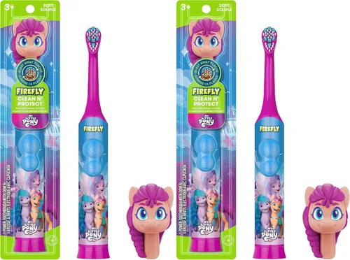 Miniatura 8 de Cepillo de dientes Firefly Clean N' Protect My Little Pony con cubierta de personaje 3D, cerdas suaves, batería incluida, para niños mayores de 3