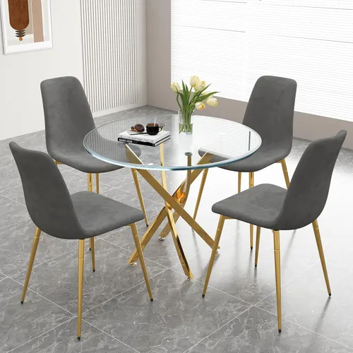 Miniatura 12 de Juego de mesa de comedor de cristal para 4, juego de mesa de cocina redonda dorada de 5 piezas con 4 sillas tapizadas negras, mesa de comedor