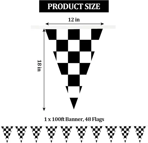Miniatura 2 de Bandera a cuadros de 100 pies con 48 banderas premontadas en blanco y negro para fiestas de NASCAR, cumpleaños, pared, tribuna