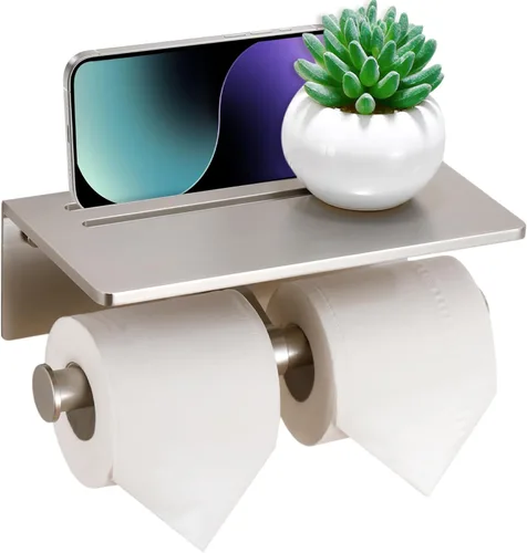 Soporte de papel higiénico – Soporte de papel higiénico de aluminio de doble rollo con estante para teléfono móvil para baño, autoadhesivo 3M, sin