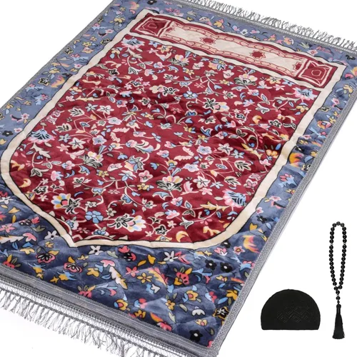 Miniatura 7 de Alfombra de oración musulmana con cuentas de oración Tasbih y sombrero de kufi, acolchada muy gruesa, alfombra de oración para hombres y mujeres