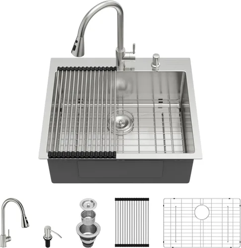 Miniatura 35 de Kichae Fregadero de Cocina de 21x20 Pulgadas, Fregadero de Barra Pequeño, Fregadero de Acero Inoxidable, Montaje Superior, Montaje Inferior