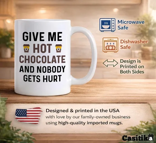 Miniatura 3 de Taza divertida de chocolate caliente. Dame chocolate caliente y nadie saldrá herido 11 oz. Taza de café. Idea de regalo novedosa para invierno