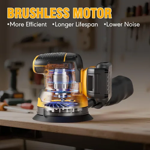 Miniatura 5 de Lijadora orbital aleatoria para batería Dewalt de 20 V, lijadora inalámbrica de palma de 5 pulgadas con 10 piezas de papel de lija, 3 velocidades