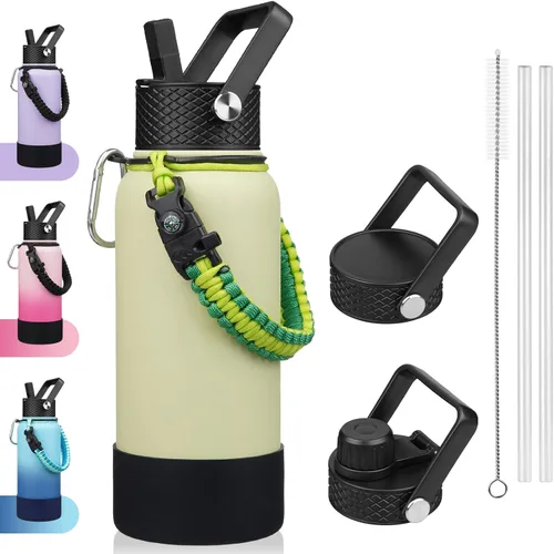 Miniatura 40 de BJPKPK - Botella de agua con tapa de popote, botellas de agua aisladas de 18 onzas con 3 tapas, asa de cuerda de paracaídas y base antideslizante