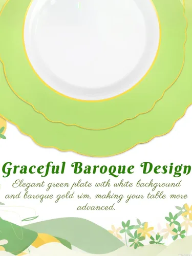 Miniatura 8 de WDF 150 platos verdes desechables, platos barrocos verdes y dorados, vajilla de plástico para 25 invitados, ideal para fiestas, primavera, picnic