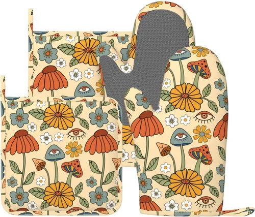 Juego de 4 manoplas de horno y soportes para ollas retro de los años 70 con diseño de hongos hippie, de silicona, resistentes al calor, guantes