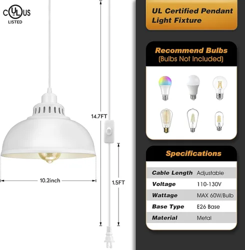 Miniatura 3 de Lámpara colgante enchufable, luces colgantes de 15 pies con cable de enchufe, interruptor de encendido/apagado, lámpara colgante industrial