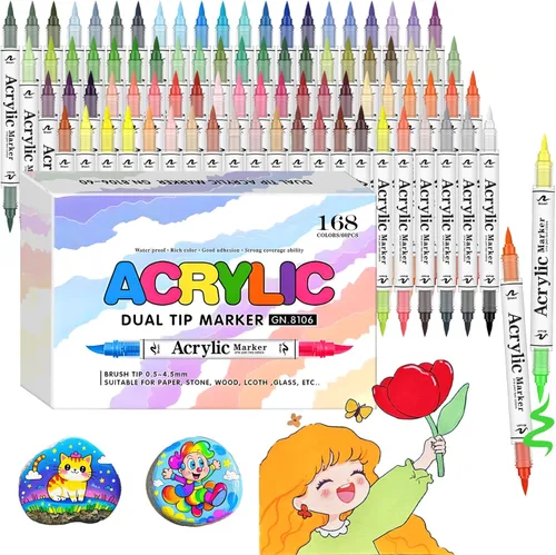 Marcadores de pintura acrílica de 168 colores, paquete de 84 marcadores acrílicos de pincel suave de líquido directo y bolígrafos de pintura para